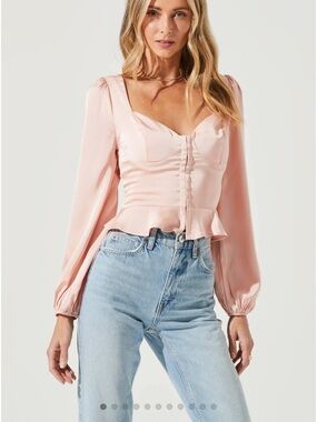 Astr Blush Pink Satin Peplum Long Sleeve Blouse